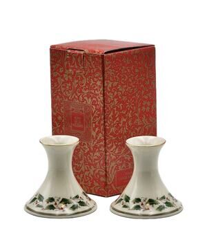 Royal Limited Holly Holiday Pair 4" Candle Holders Porcelain Gold Trim in Box